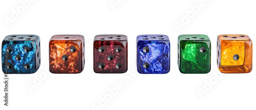 Colorful dice arranged in a line for gaming. transparent background photo