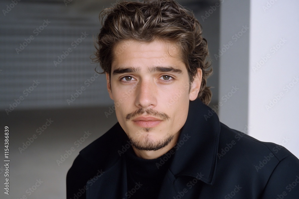 A close-up portrait of a young man with wavy hair in a modern setting. A close-up portrait of a young man with wavy hair in a modern setting.