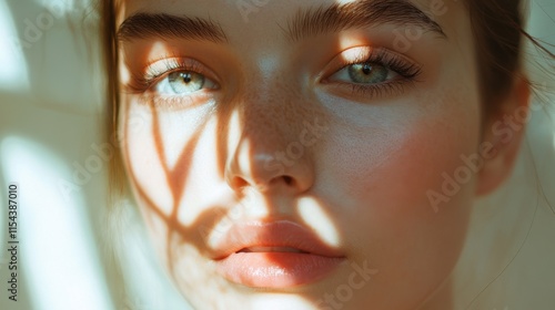 Close-up of a young woman face with natural light and shadow patterns
