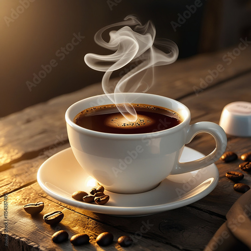 An image of a cup of warm coffee. Fresh coffee cup surrounded by beans a wooden table. Generative AI  photo