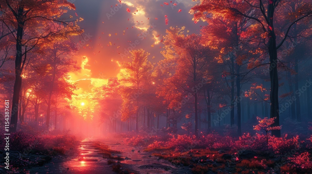 Enchanted burning forest with magical light effects