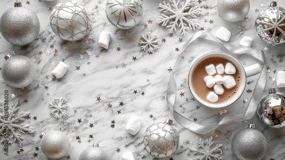 Fototapeta premium A cozy setting featuring hot chocolate topped with marshmallows surrounded by festive decorations. 