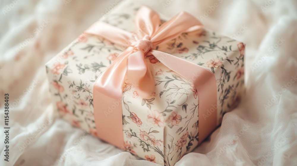 dreamy celebration gift box with peach ribbon and textured fabric background dreamy celebration gift box with peach ribbon and textured fabric background