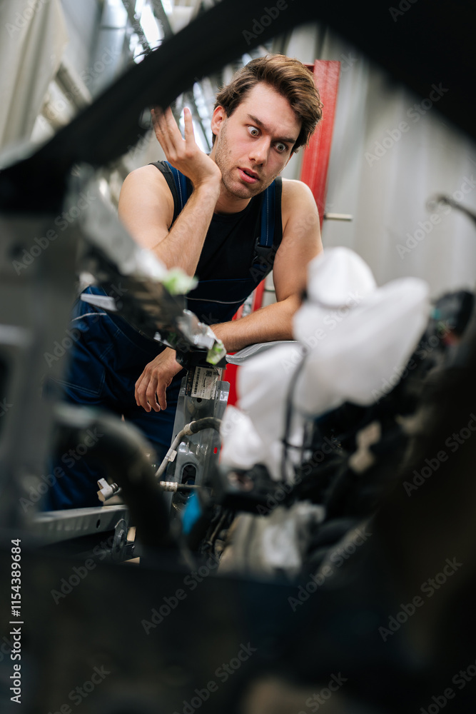 Vertical portrait of worried vehicle manager surrounded by tools and car parts. Puzzled mechanic male leaning on car in auto repair shop, looking stressed and thinking about how to fix engine. Vertical portrait of worried vehicle manager surrounded by tools and car parts. Puzzled mechanic male leaning on car in auto repair shop, looking stressed and thinking about how to fix engine.
