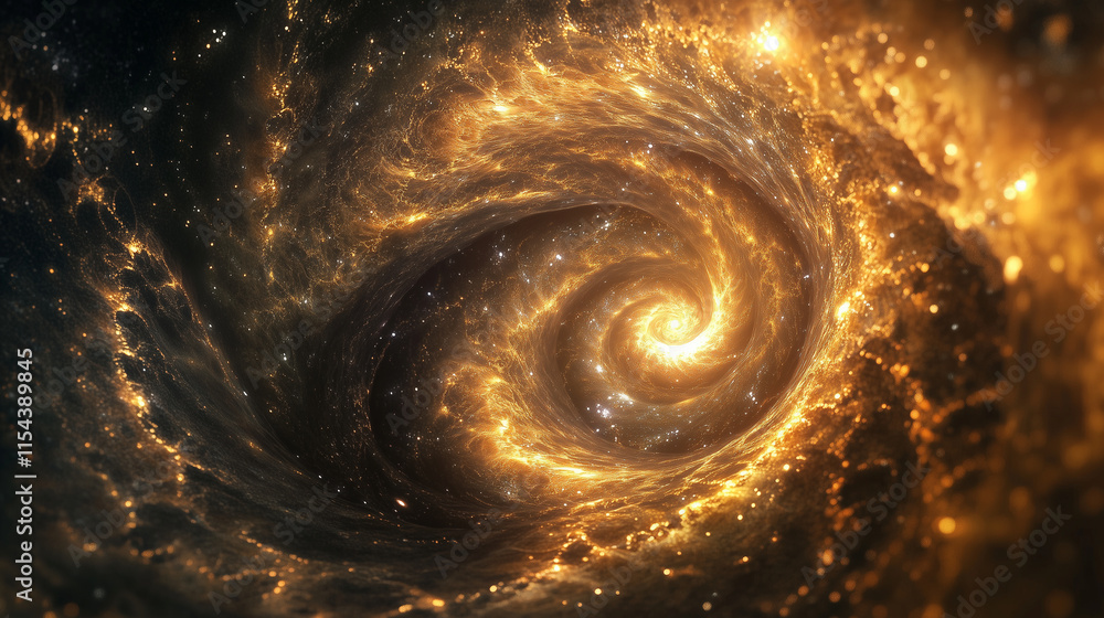A glowing black hole at the center of a swirling galaxy, with intricate light patterns spiraling toward the event horizon