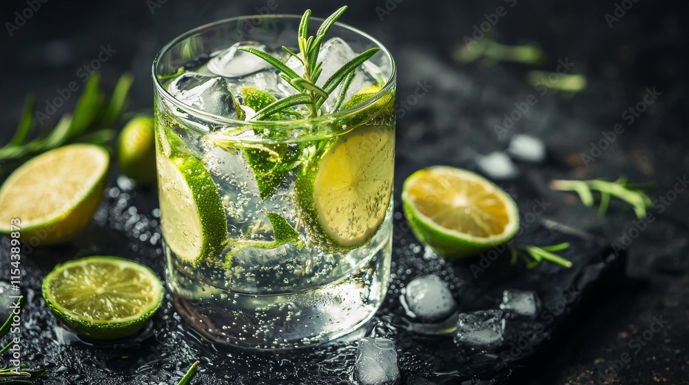 Refreshing lime and mint cocktail on dark background Refreshing lime and mint cocktail on dark background