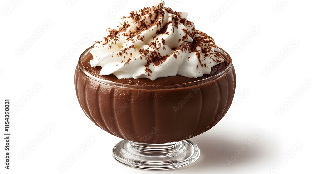 Rich chocolate pudding in a glass dessert bowl, topped with a generous dollop of whipped cream and cocoa powder. A decadent and delicious treat.
