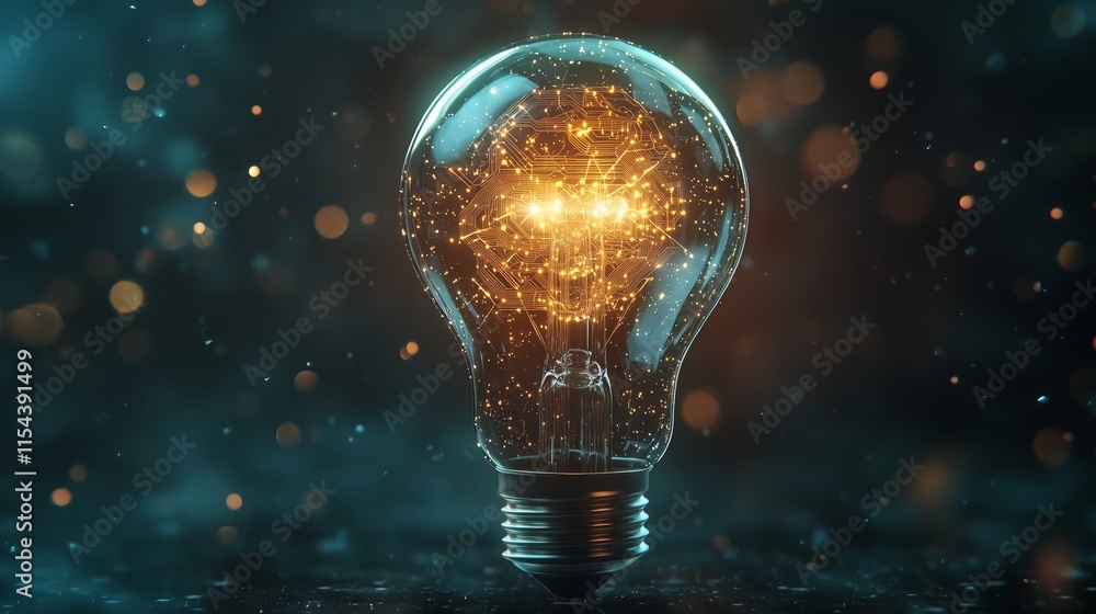 Glowing Lightbulb Icon with Circuit Patterns in Dim Space Glowing Lightbulb Icon with Circuit Patterns in Dim Space