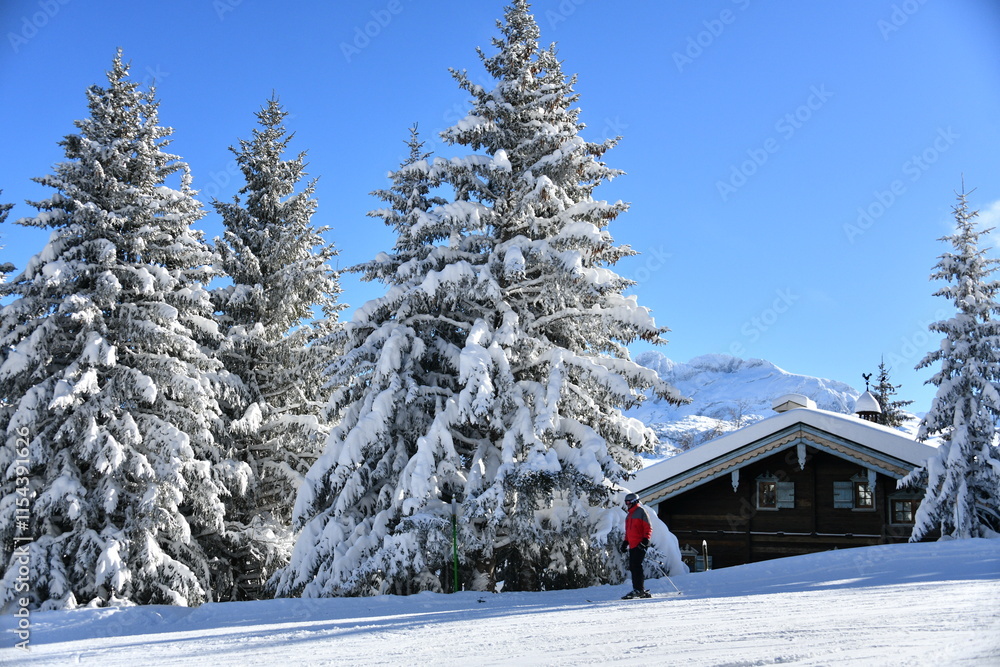 Winter scenery of Courchevel ski resort slopes with snowy trees and mountains in the background Winter scenery of Courchevel ski resort slopes with snowy trees and mountains in the background