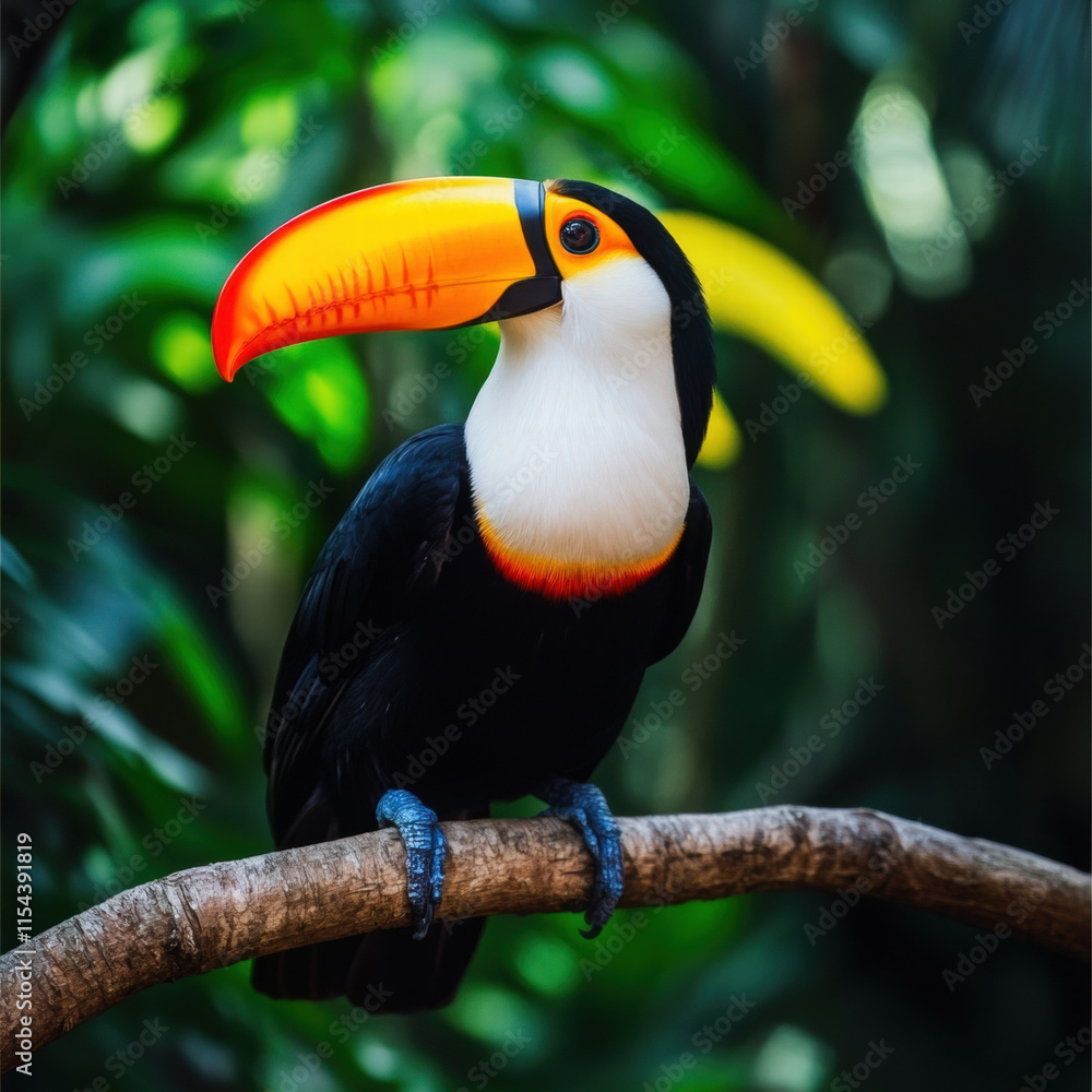 Obraz premium Colorful toucan perched on branch in lush green environment, showcasing its vibrant beak and striking plumage. beautiful representation of tropical wildlife