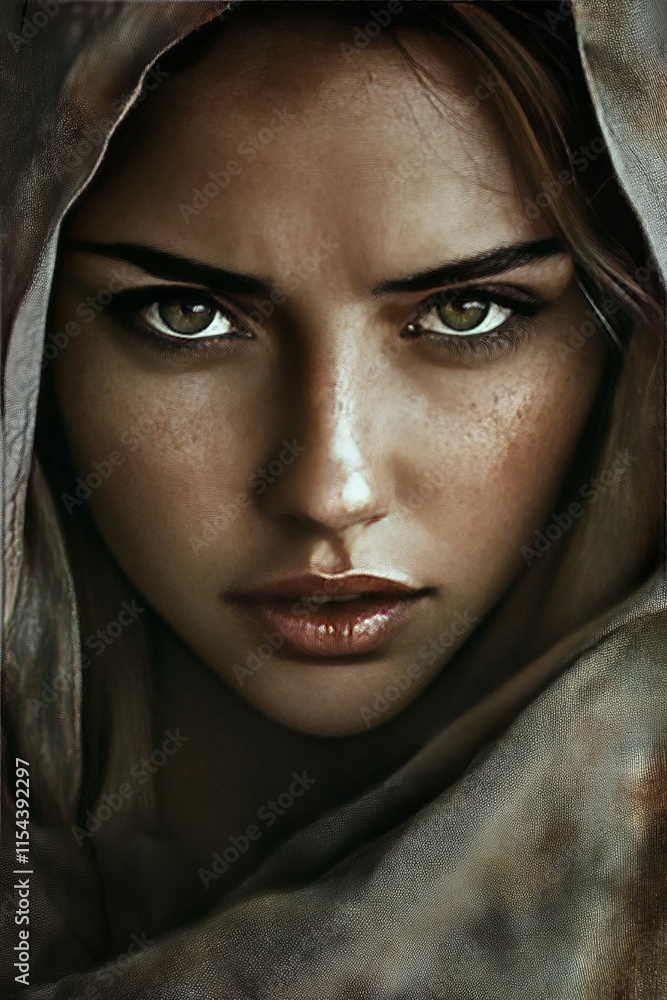 Close-up portrait of a woman with intense gaze. Close-up portrait of a woman with intense gaze.
