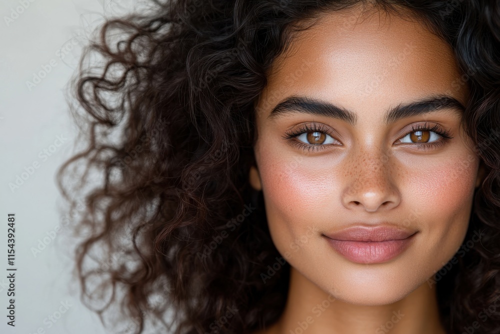 A striking close-up of a young woman with glamorous curly hair and freckles, smiling radiantly to highlight her unique features, as well as her joyful and confident spirit. A striking close-up of a young woman with glamorous curly hair and freckles, smiling radiantly to highlight her unique features, as well as her joyful and confident spirit.