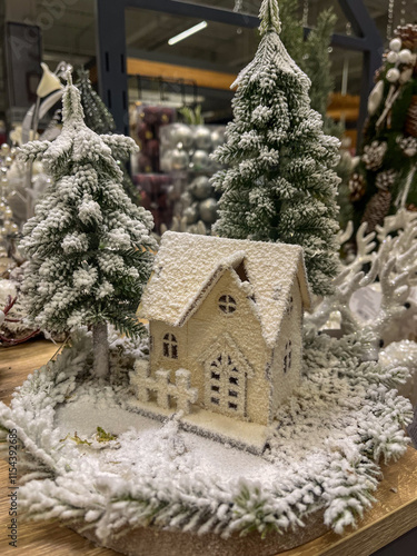 Winter decorations featuring a snow covered house