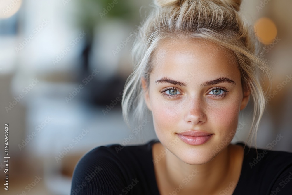 A stunning portrait of a young woman with beautiful blue eyes and an effortless smile, showcasing natural beauty in a bright and softly lit interior space. A stunning portrait of a young woman with beautiful blue eyes and an effortless smile, showcasing natural beauty in a bright and softly lit interior space.