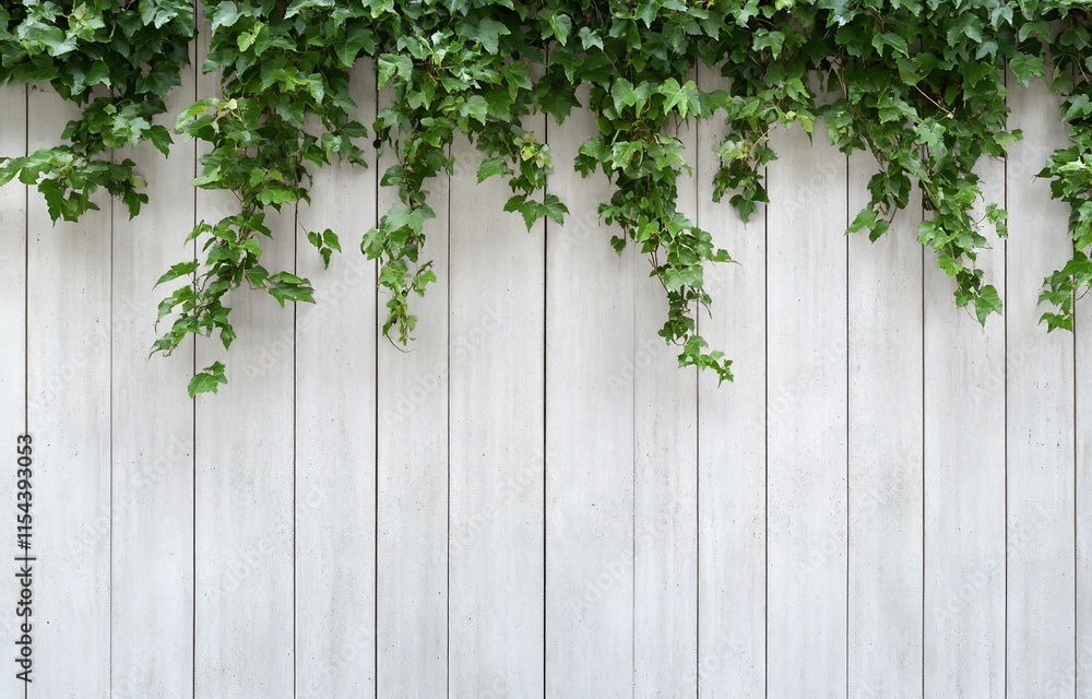 A vertical wooden fence adorned with green ivy leaves. A vertical wooden fence adorned with green ivy leaves.