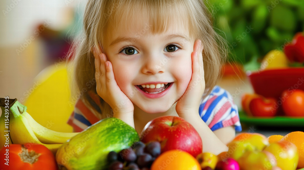 Fototapeta premium cheerful girl with bright smile enjoys variety of colorful fruits, including apples, bananas, and grapes, creating vibrant and healthy scene