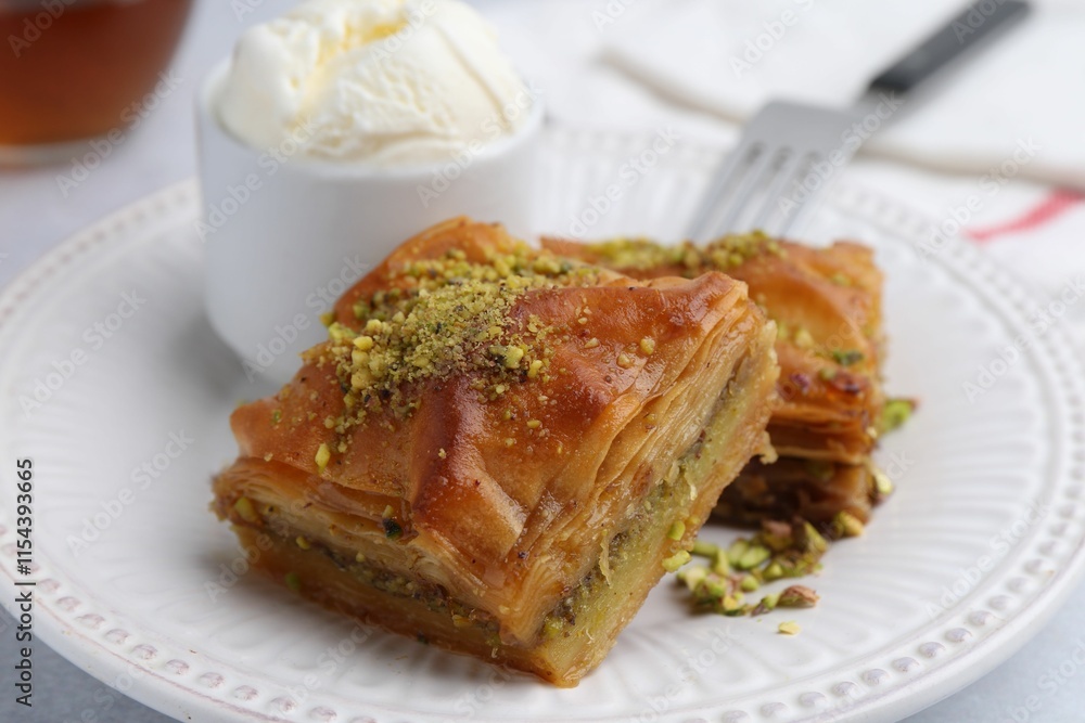 Delicious baklava with crushed nuts and ice cream on grey table, closeup Delicious baklava with crushed nuts and ice cream on grey table, closeup