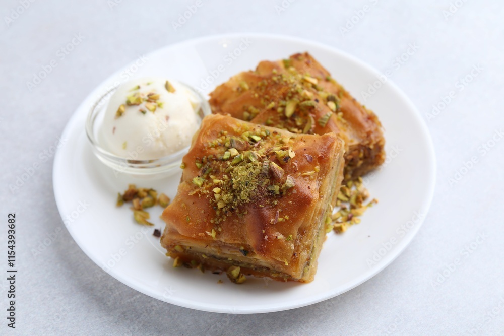Tasty baklava with chopped nuts and scoop of ice cream on light grey table, closeup Tasty baklava with chopped nuts and scoop of ice cream on light grey table, closeup