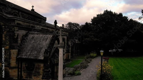 Old Gothic English Church in Yorkshire aerial drone 