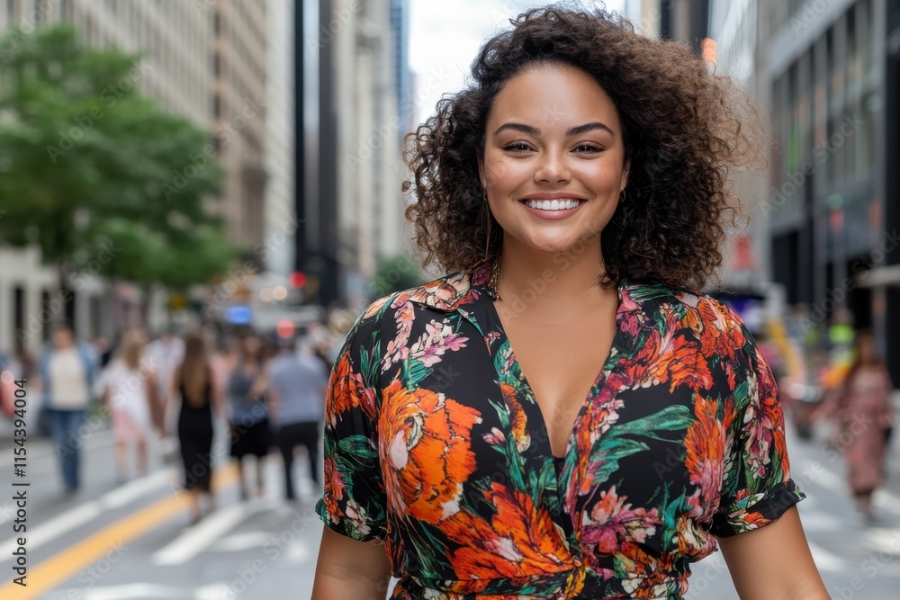 The image showcases a confident woman wearing a colorful floral outfit, smiling radiantly amidst a bustling city backdrop, reflecting vibrancy and self-expression. The image showcases a confident woman wearing a colorful floral outfit, smiling radiantly amidst a bustling city backdrop, reflecting vibrancy and self-expression.