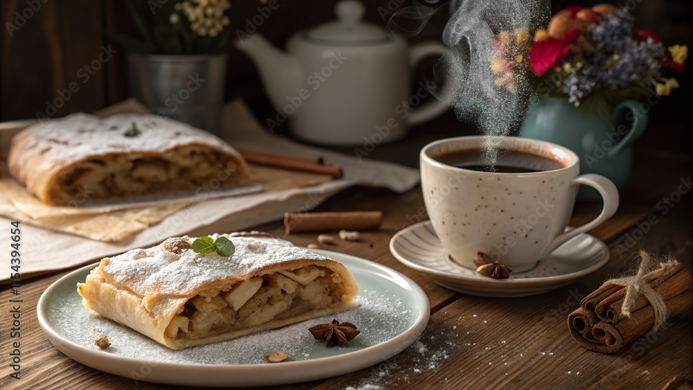 Enjoying a Slice of Apfelstrudel with Coffee in a Cozy Café Setting