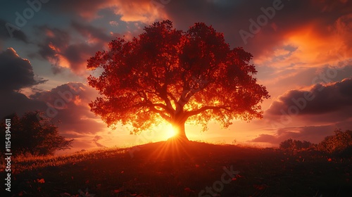 Majestic oak tree silhouetted against a vibrant sunset, fiery red leaves and sky. photo