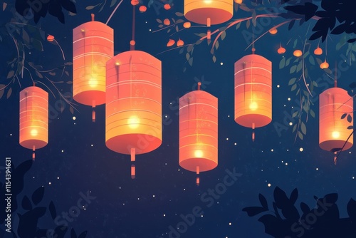 Lanterns illuminate a serene night sky in a vibrant garden setting filled with greenery