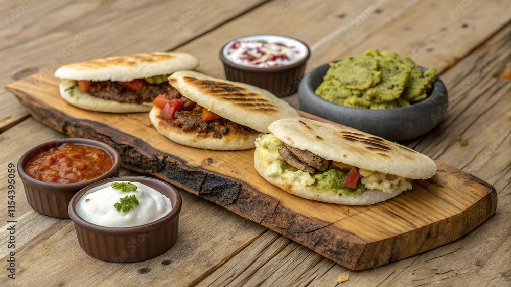 Delicious arepas served on a rustic wooden board with fresh toppings and dips Delicious arepas served on a rustic wooden board with fresh toppings and dips