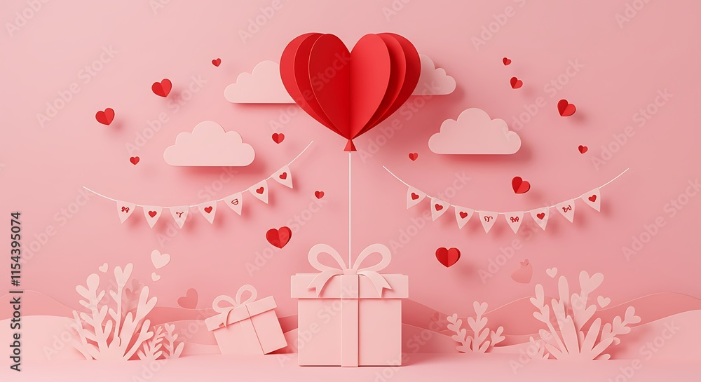 Gift boxes with heart balloon floating it the sky, Happy Valentine's Day banners, paper art style. Gift boxes with heart balloon floating it the sky, Happy Valentine's Day banners, paper art style.