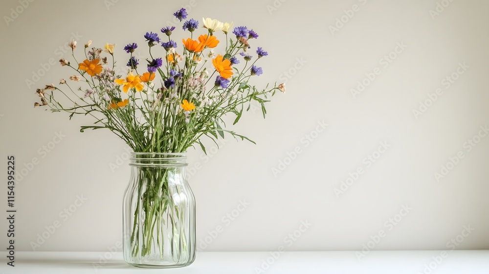 A rustic bouquet of wildflowers in a clear glass jar sits on a white surface against a light beige background. The flowers are predominantly orange and purple. A rustic bouquet of wildflowers in a clear glass jar sits on a white surface against a light beige background. The flowers are predominantly orange and purple.