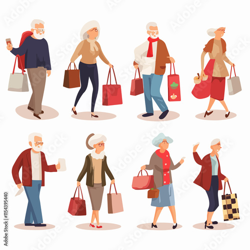 Elderly individuals shopping together with bags - Vector illustration showcasing senior citizens enjoying a day out shopping
