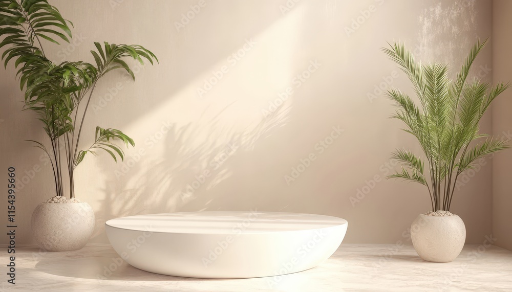 Minimalist White Product Display Platform with Plants Minimalist White Product Display Platform with Plants