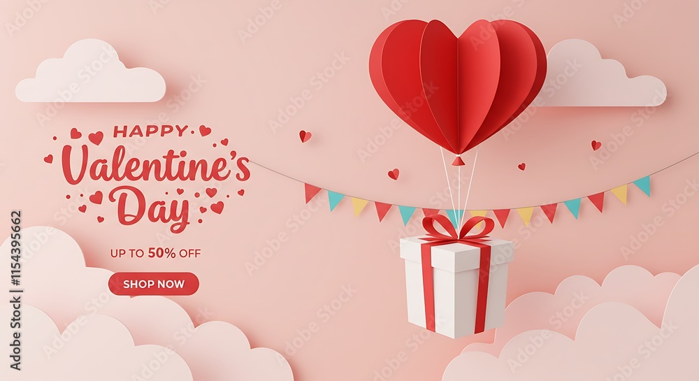 Gift boxes with heart balloon floating it the sky, Happy Valentine's Day banners, paper art style. Gift boxes with heart balloon floating it the sky, Happy Valentine's Day banners, paper art style.