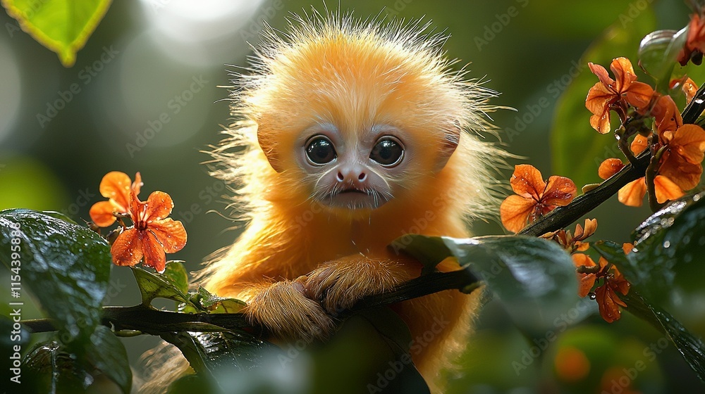 Fototapeta premium A clear photo of a monkey on a tree branch, surrounded by colorful flowers and a soft blurred backdrop