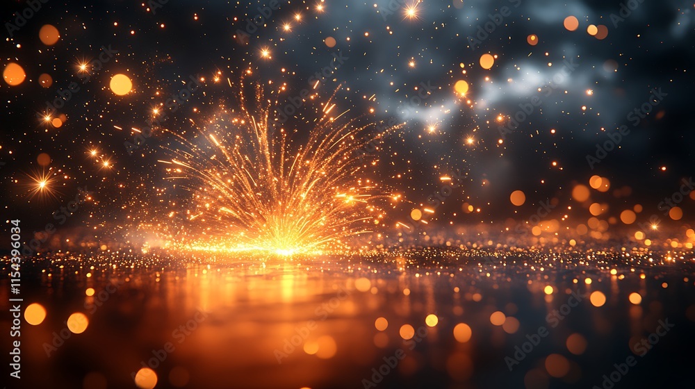 Fototapeta premium Radiant golden sparks glittering brightly against a shadowed blackened night sky background image
