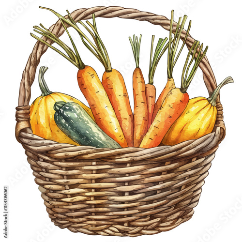 A watercolor vector of a basket filled with freshly picked carrots and squash, isolated on a white background. Vegetable basket vector.
