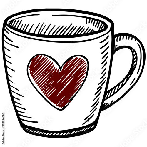 Hand-drawn coffee cup with red heart, black and white Valentine’s design.