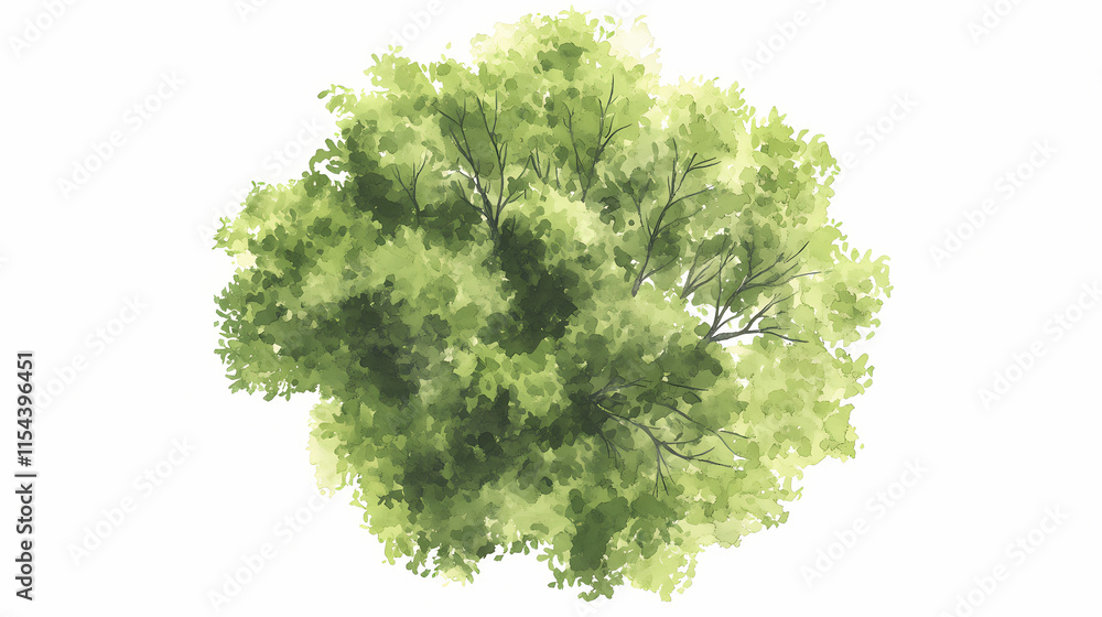 Vector tree top watercolor hand drawn view isolated on white background for landscape plan and architecture layout drawing, elements for environment and garden. Pinnacle. Illustration