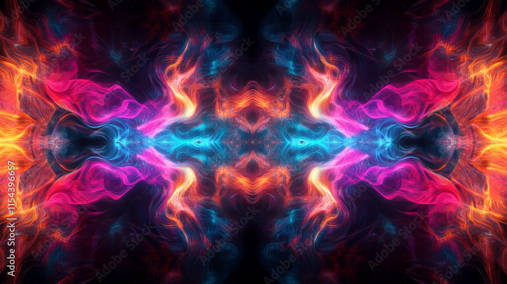 Radiant, multicolored soundwaves in a symmetrical pattern against a deep black background. Radiant, multicolored soundwaves in a symmetrical pattern against a deep black background.