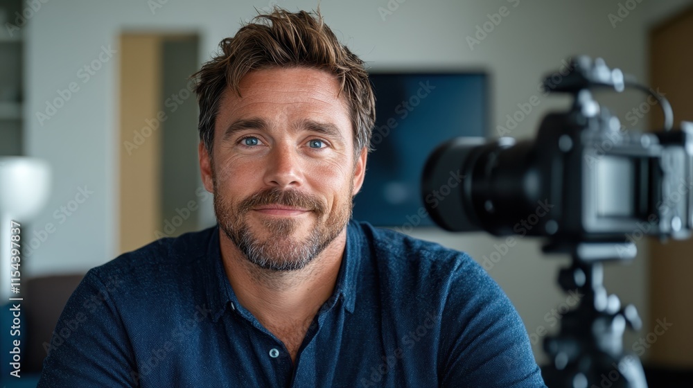 A confident man with a beard and styled hair, wearing a blue shirt, gazes warmly at a camera in a modern interior environment with soft lighting and focus. A confident man with a beard and styled hair, wearing a blue shirt, gazes warmly at a camera in a modern interior environment with soft lighting and focus.