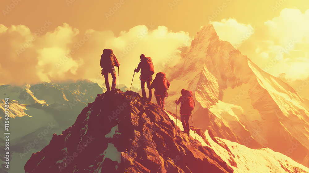 Fototapeta premium Teamwork to get success together, mountaineers helping each other to climb up on top of the mountain peak, leadership to lead team to achieve the target. Pinnacle. Illustration