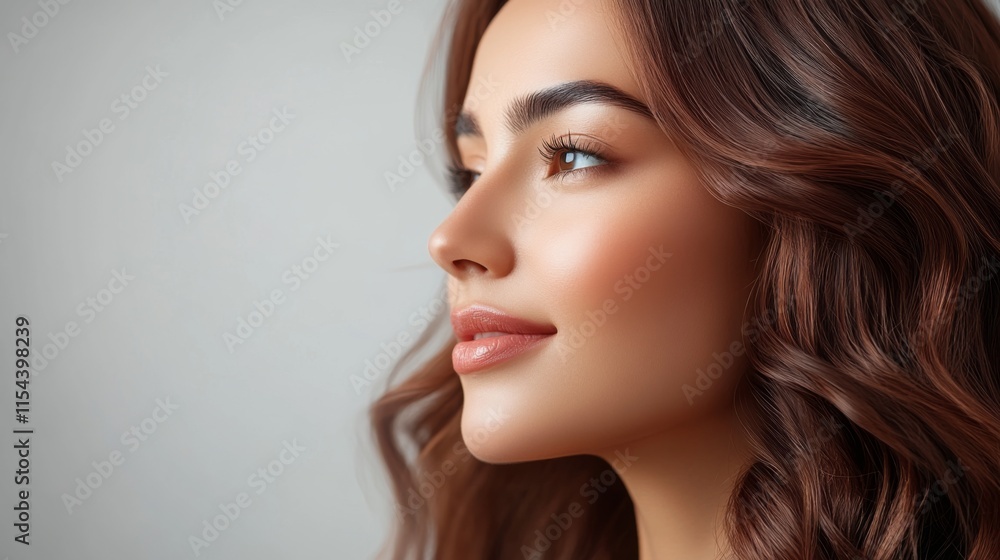 A stunning profile view of a woman with wavy brown hair, smooth skin, and soft expression. The light and shadows highlight her facial features and beauty elegantly. A stunning profile view of a woman with wavy brown hair, smooth skin, and soft expression. The light and shadows highlight her facial features and beauty elegantly.