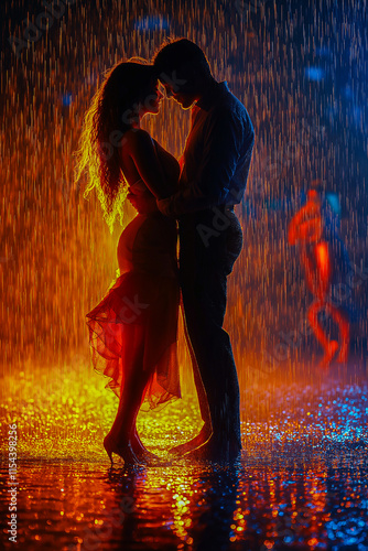 a couple dancing in the rain. for postcards. for advertising. for business.