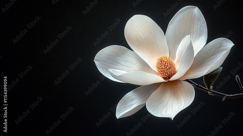 Fototapeta premium Close-up image of a pure white flower perched on a slender twig against a deep black backdrop