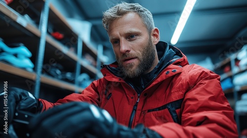 A man in a bright red jacket is focused on his work inside a storage area filled with various items, suggesting a professional and busy atmosphere. photo