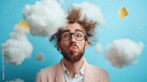 A playful man with glasses and curly hair is surrounded by fluffy clouds and sticky notes, capturing a whimsical concept of imagination in vivid detail. photo