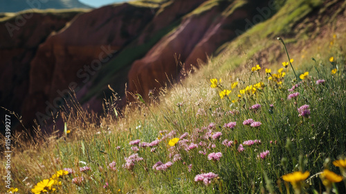 Wildflowers in the foreground add a splash of color to the natural scenery.