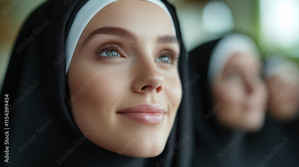 A close-up portrait of a young, smiling nun in a black and white habit against a green backdrop, capturing hope, joy, and innocence. A close-up portrait of a young, smiling nun in a black and white habit against a green backdrop, capturing hope, joy, and innocence.