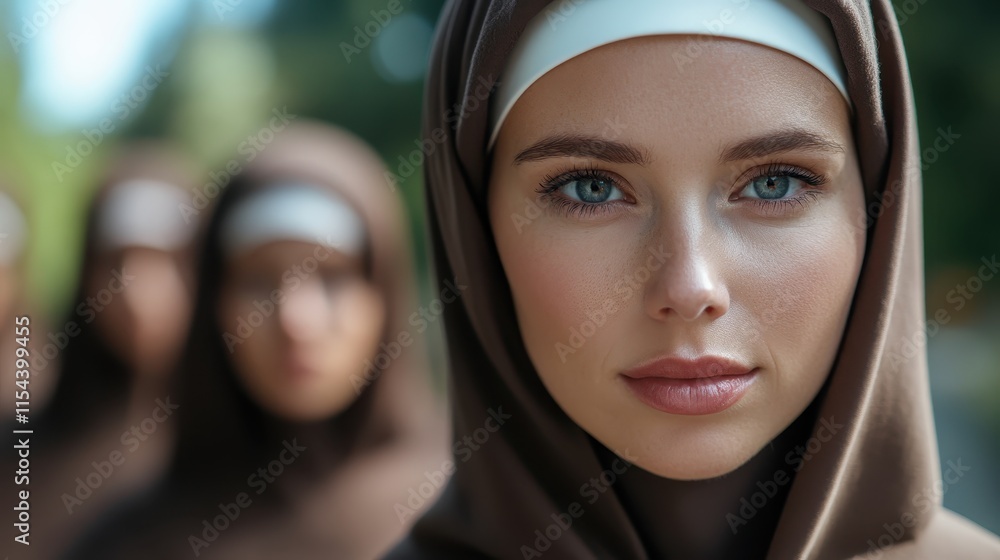 A close-up portrait of a woman wearing a brown nun's habit, standing outdoors with a gentle expression, symbolizing humility and devotion in nature. A close-up portrait of a woman wearing a brown nun's habit, standing outdoors with a gentle expression, symbolizing humility and devotion in nature.