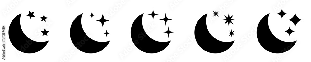 Crescent moon with stars icon on white background. Night icon. Crescent moon icon. Minimalist style. Crescent moon with stars icon on white background. Night icon. Crescent moon icon. Minimalist style.